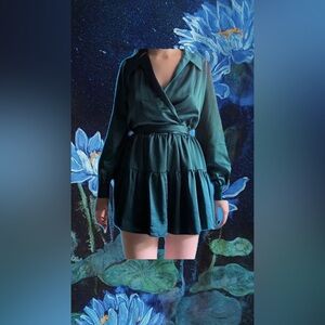 Teal Wrap Tiered dress with Bishop Sleeves
